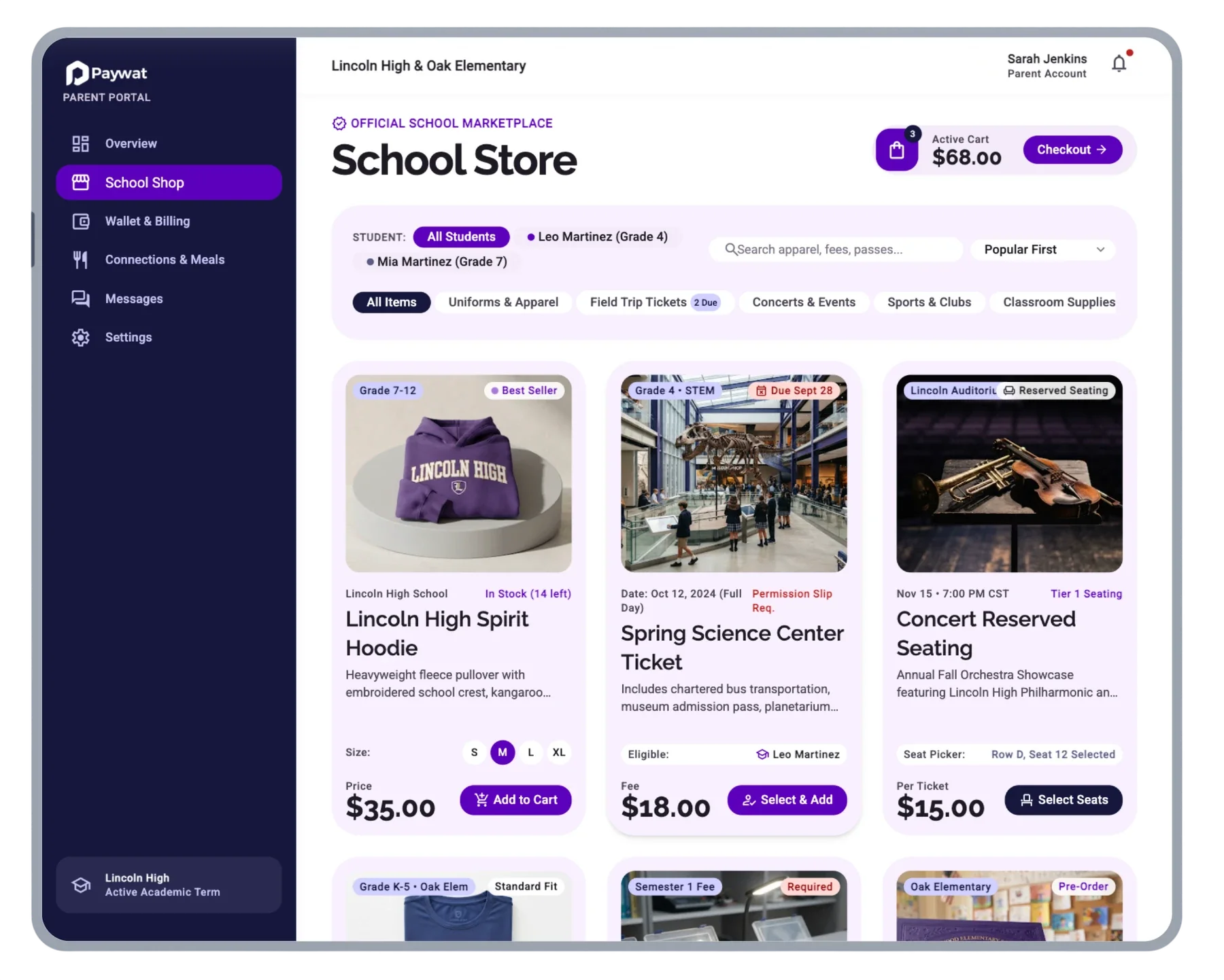 Paywat parent portal School Store on desktop, showing a cart total, student filters and product cards for a hoodie, a field trip ticket and concert seating