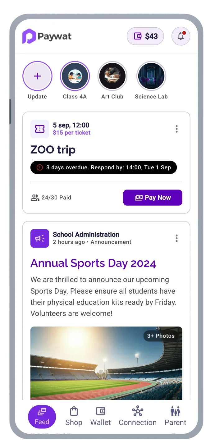 Paywat mobile feed with class stories, a zoo trip payment card and a school announcement