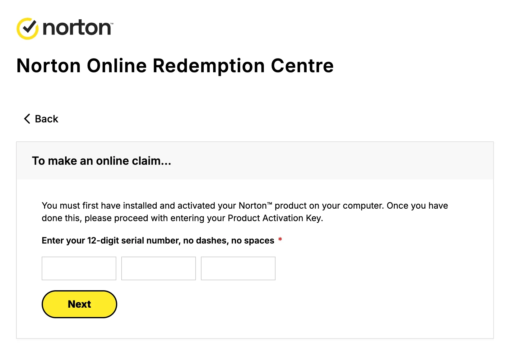 Redemption centre claim step asking for a 12-digit serial number