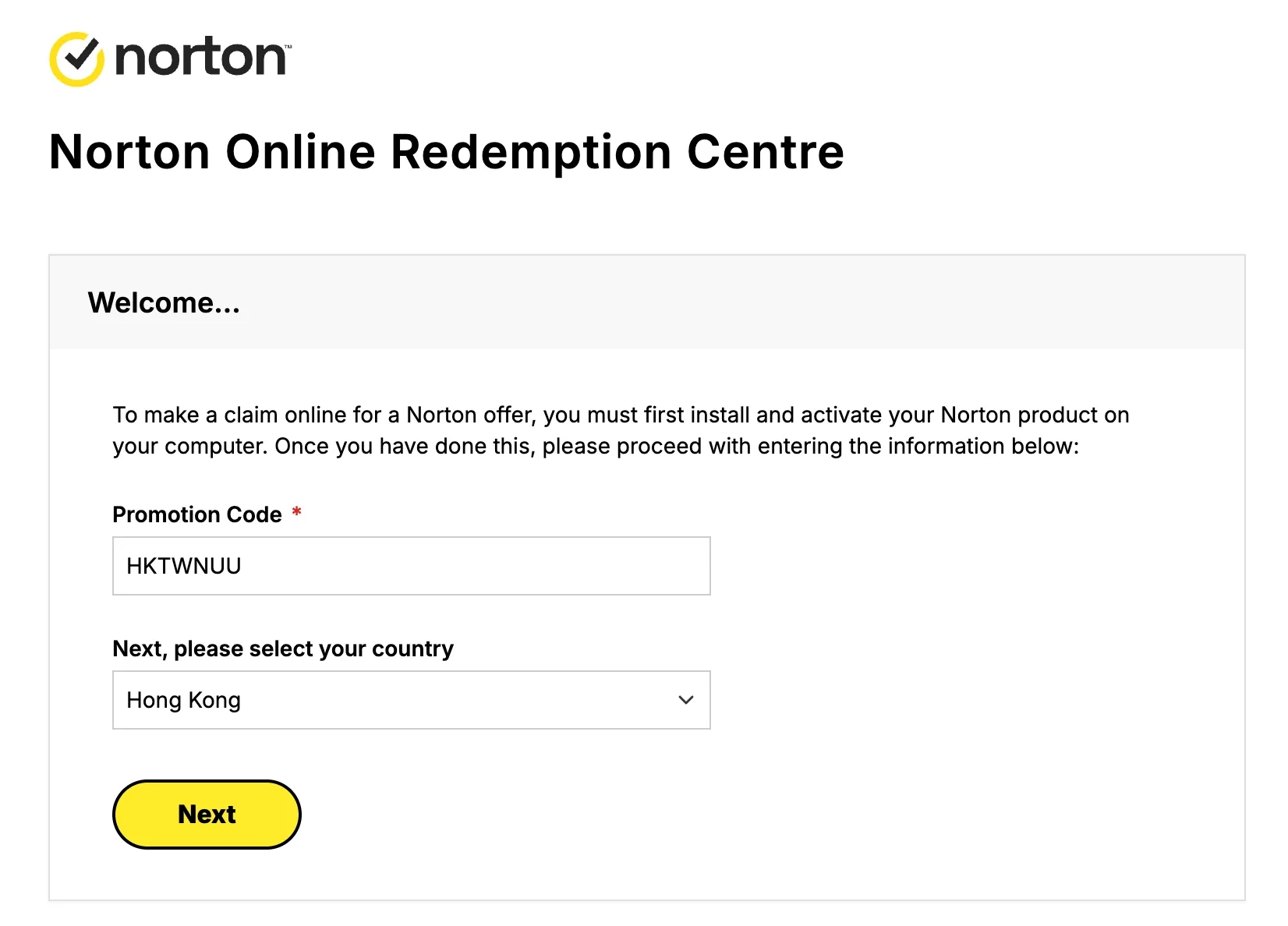 Redemption centre welcome step asking for a promotion code and country