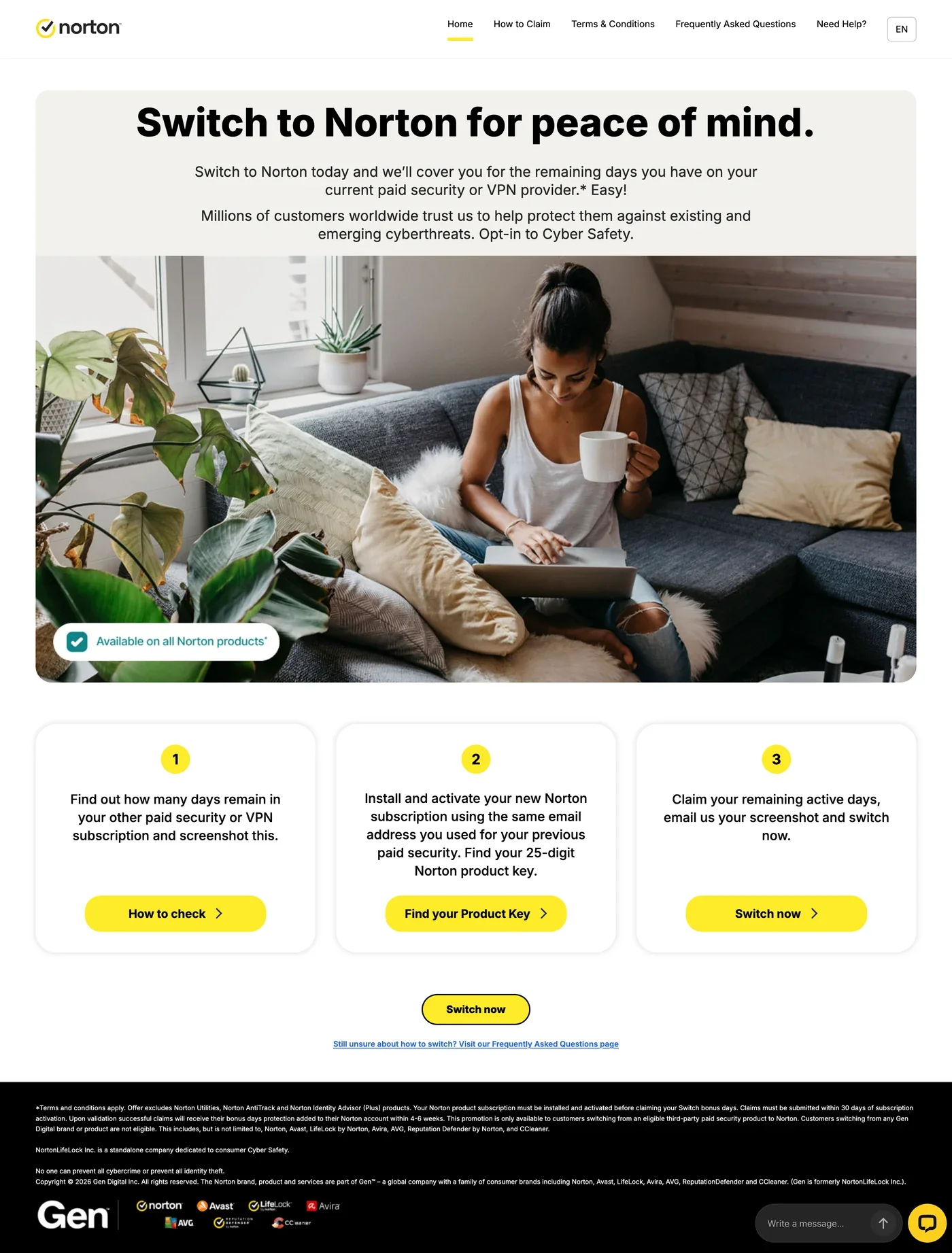 Norton switch offer page in English, with three numbered steps